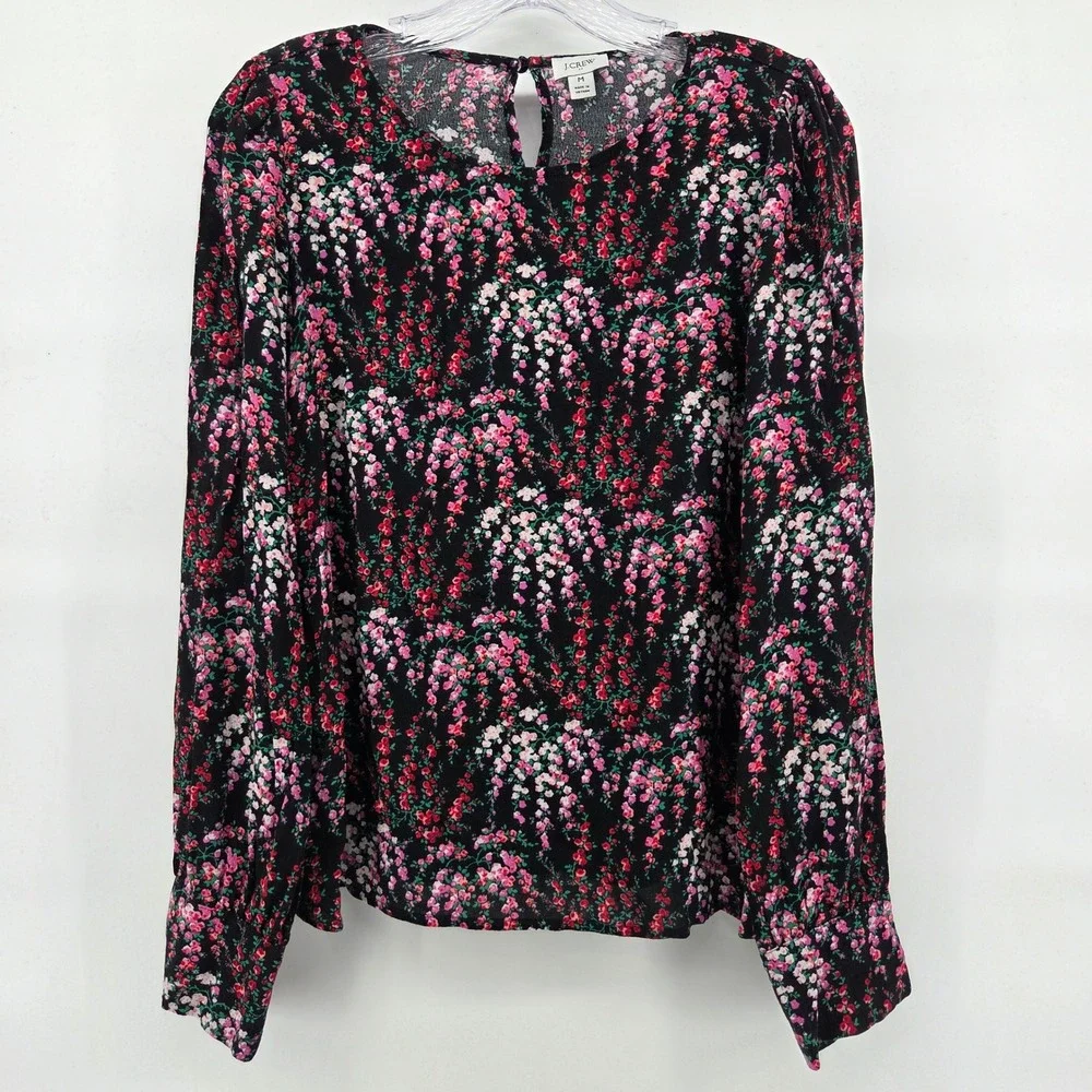 J. Crew‎ Top Medium Black Dark Floral Puff Sleeve Office Work